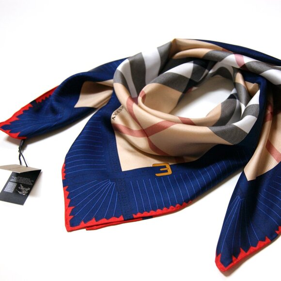 New Burberry Scarf with Tag Iconic House Check Beige with Blue Border Silk Scarf